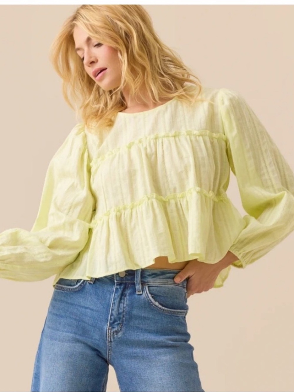 Altar'd State Lemon Yellow Ruffle Tiered Peasant Puff Sleeve Blouse NWT